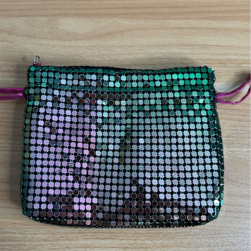 AQUA Metallic Bag Drawstring Pouch Multicolor Metal Sequin Purse
